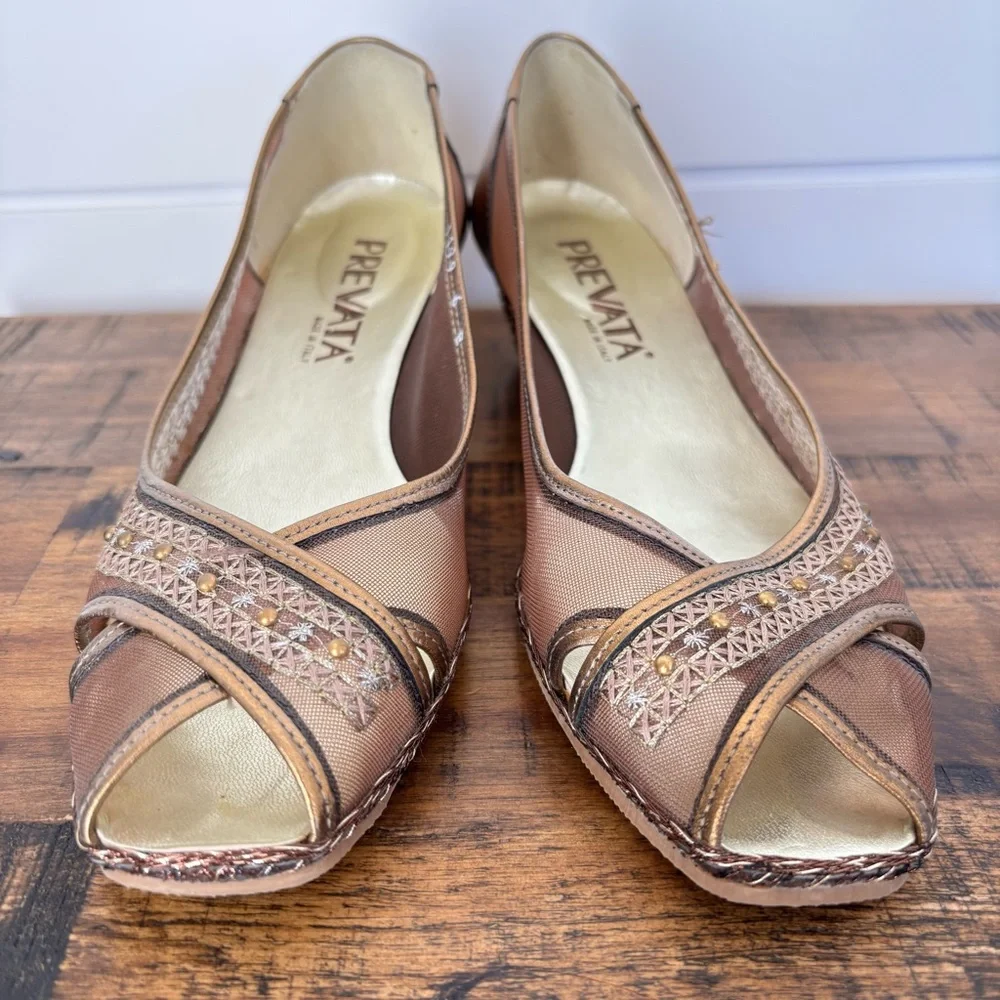 Prevata Gold and Brown Mesh Peep-Toe Wedge Size 6